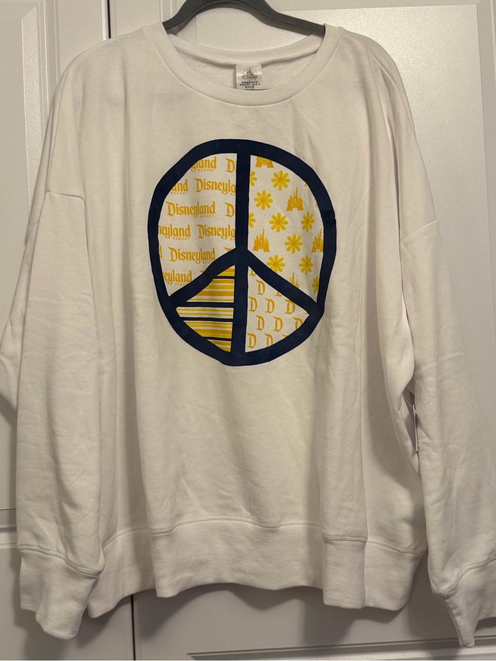Disney White Sweatshirt with Navy and Yellow Peace Sign